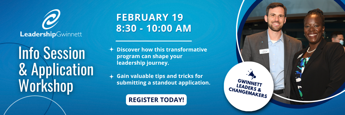 Leadership Gwinnett Info Session & Application Workshop banner showing event details: February 19, 8:30–10:00 AM. Text highlights discovering how the program can shape your leadership journey and offers tips for submitting a standout application. Includes a photo of two smiling professionals with a button reading 